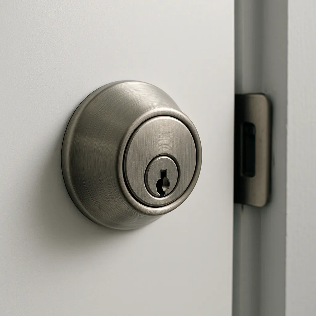 Technician installing door lock and hardware on residential property