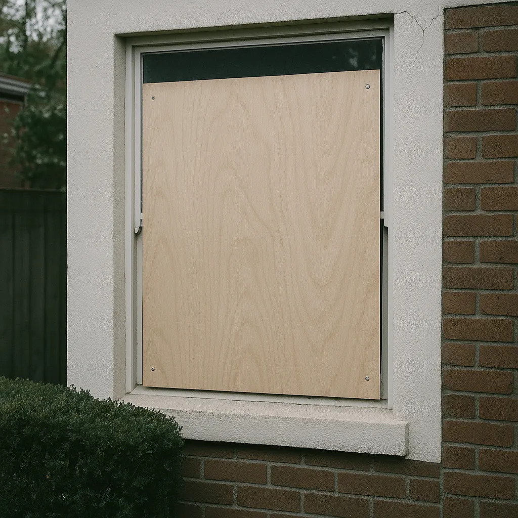 Emergency property securing service with window boarding and site protection